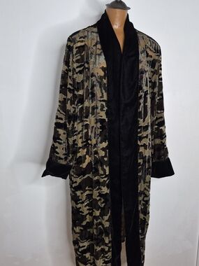 Velvet Camouflage Long Coat with Black Trim